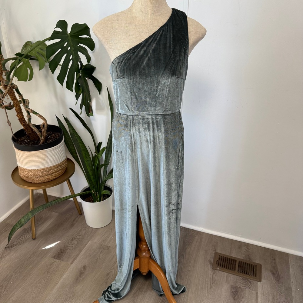 Baltic Born Tatiana Velvet One Shoulder Maxi Dress Womens L Eucalyptus Green NEW